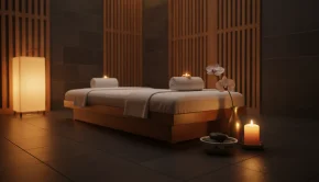 Massage room with a wooden table, warm oil, an orchid and a candle — Thai and erotic massage in Prague compared